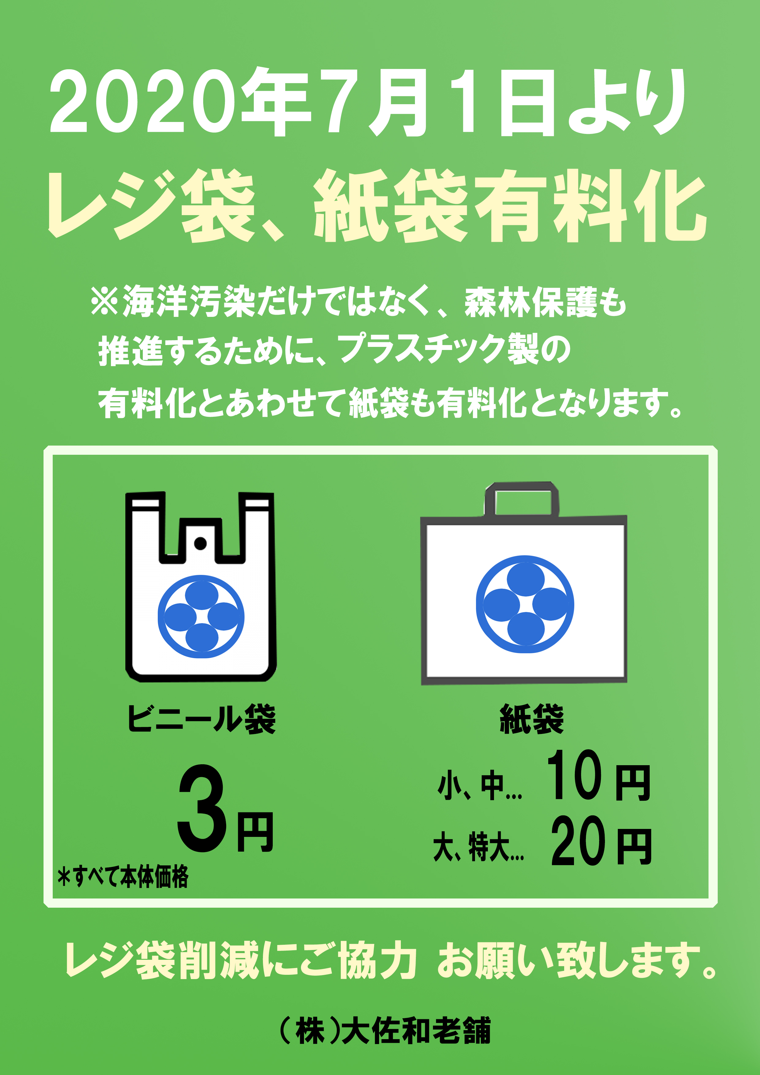 お客様へ～重要なお知らせ・レジ袋、紙袋有料化について〜